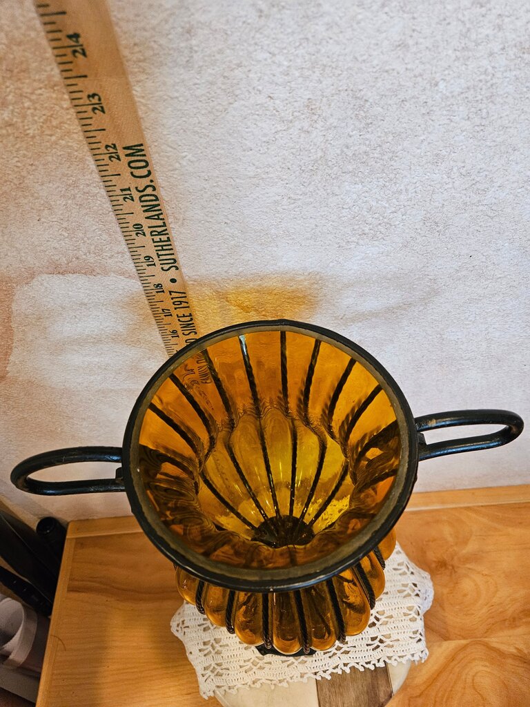 Hand Blown Glass Amber Armed Wrought Iron Caged Centerpiece Large 15 inch Art Glass