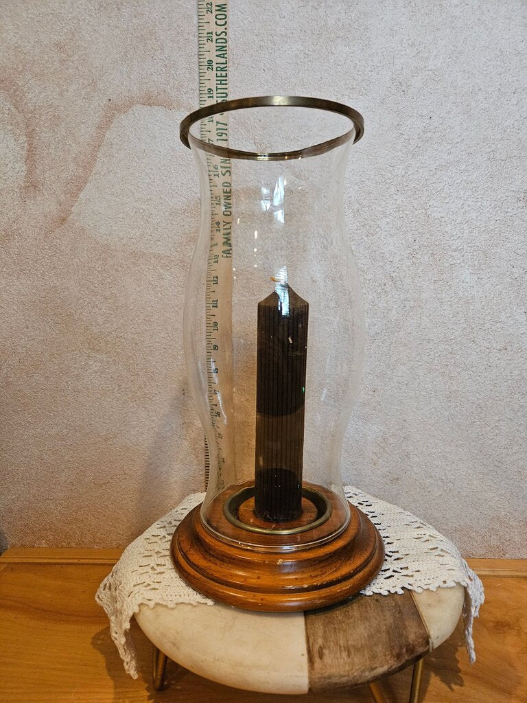 Vintage Glass Lantern on a wooden base w brass Enhancements