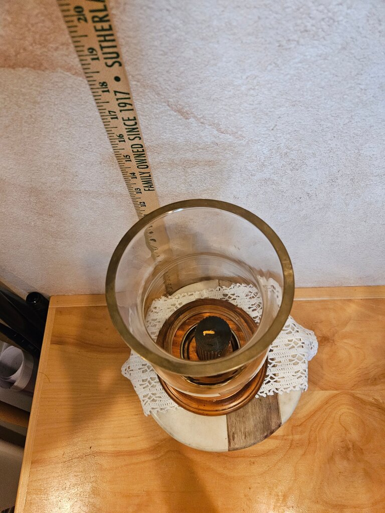 Vintage Glass Lantern on a wooden base w brass Enhancements