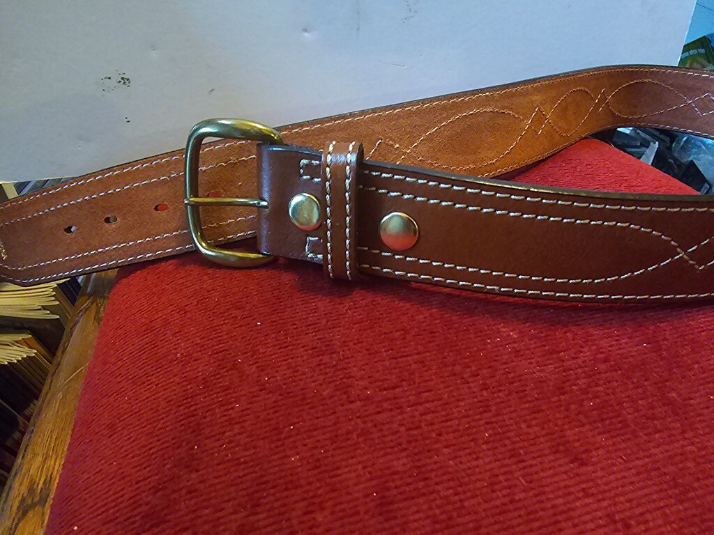 Brown Leather Belt with Stitched Design