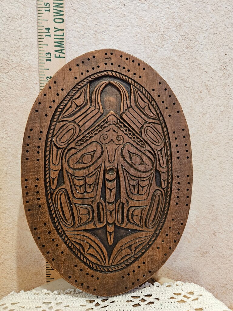Vintage Detail Carved Cribbage Board Kiana of Alaska Wood Like Resin Mid Mod Carved Wooden Wall Art Native American Design