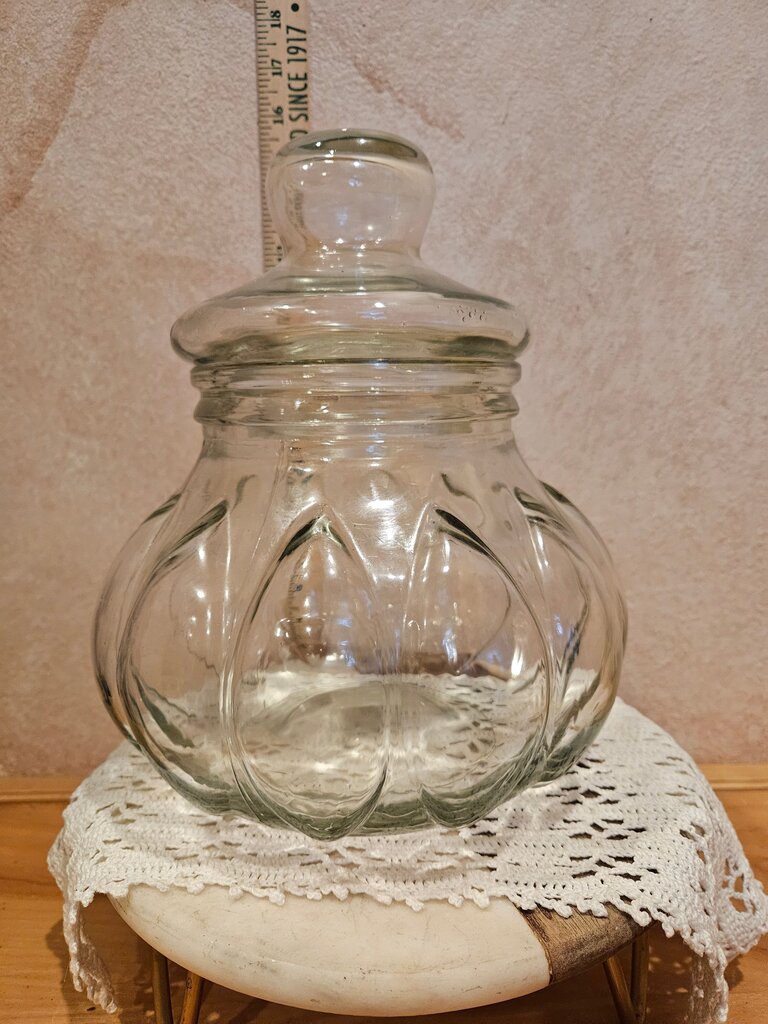 Vintage pumpkin or gourd-shaped cookie or apothecary jar with lid, pressed light green glass, excellent condition; with lid
