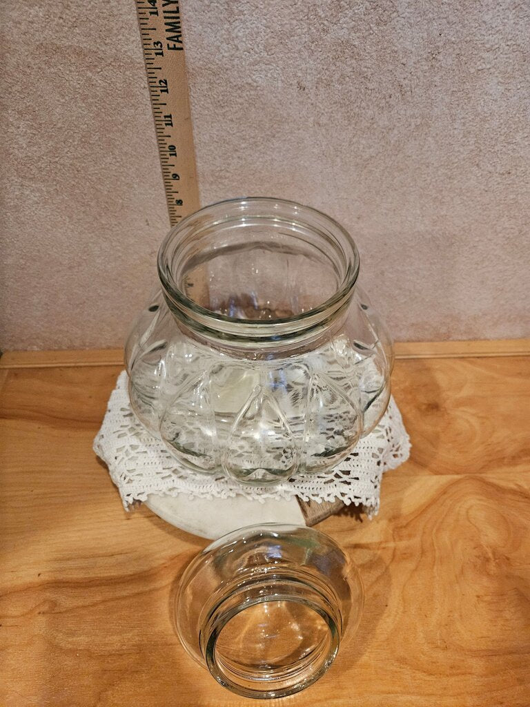 Vintage pumpkin or gourd-shaped cookie or apothecary jar with lid, pressed light green glass, excellent condition; with lid
