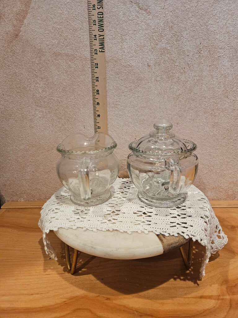 Vintage Glass Sugar w lid & Creamer Set w scalloped edges