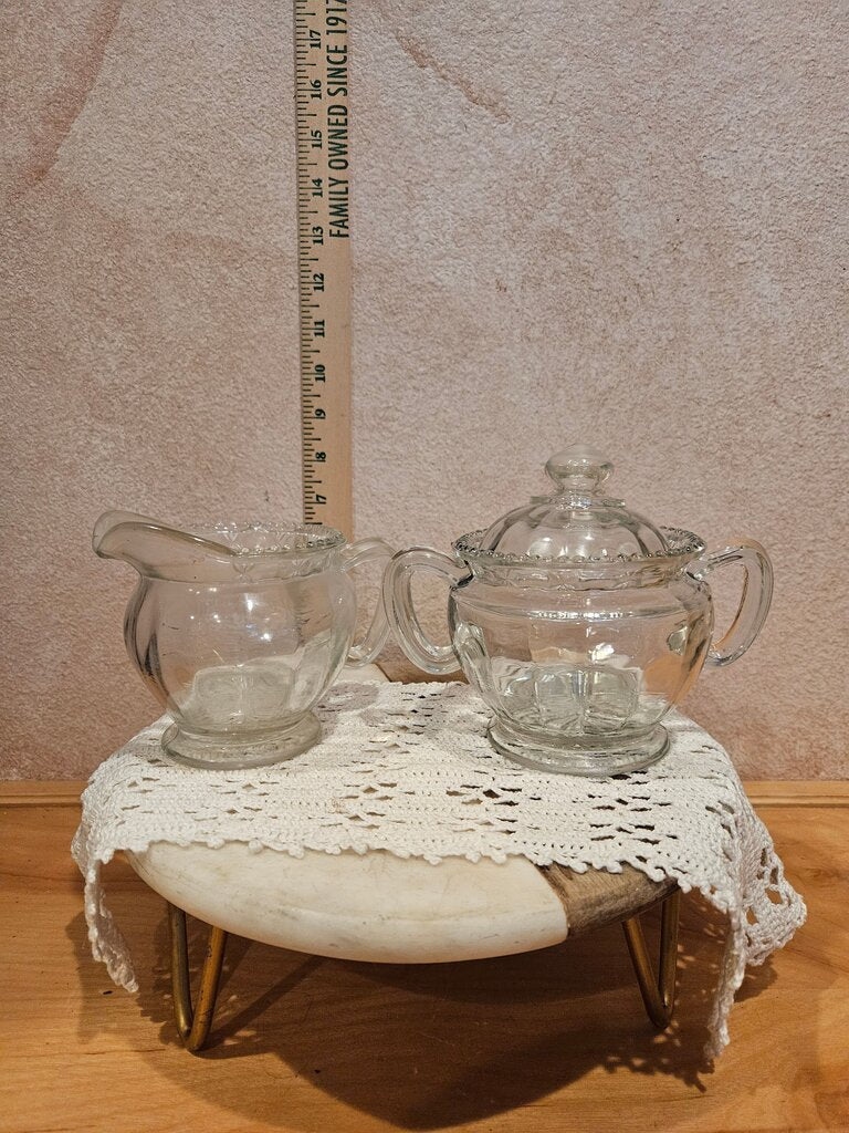 Vintage Glass Sugar w lid & Creamer Set w scalloped edges