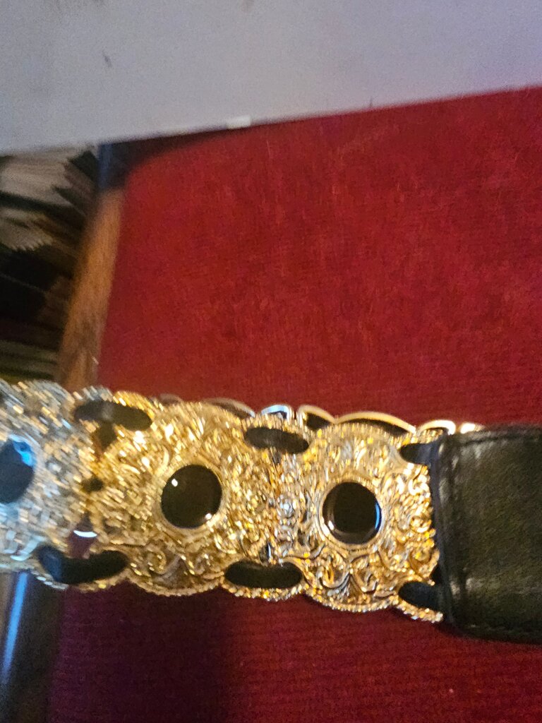 Vintage Black Leather Belt with Gold Accents