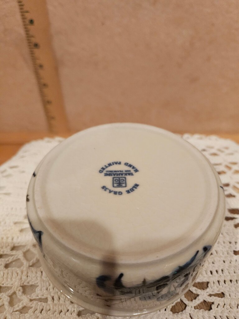 Vinyage Takahashi Blue Grass Trinket Box Jewelry Powder Dish With Lid Crackle Glaze