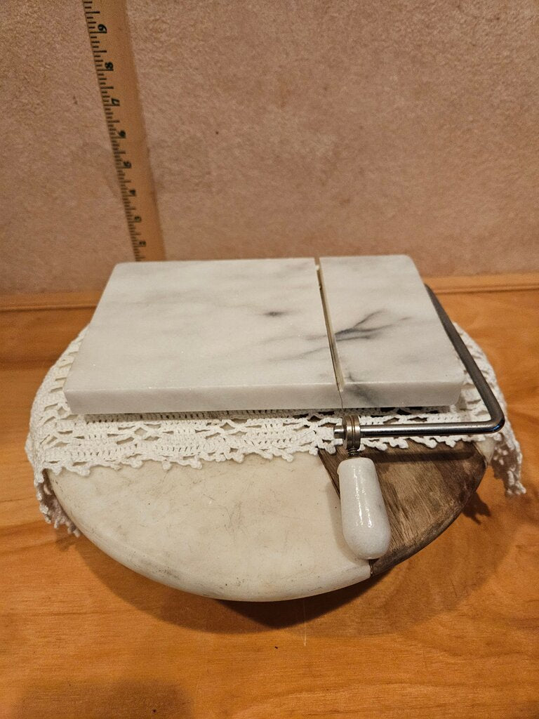 Vintage Carrera Marble Gourmet Wire Cheese Slicer Handled Grey & White Marble- Charcuterie/Cheese Board display