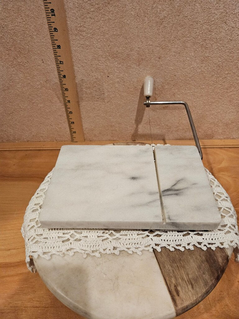 Vintage Carrera Marble Gourmet Wire Cheese Slicer Handled Grey & White Marble- Charcuterie/Cheese Board display
