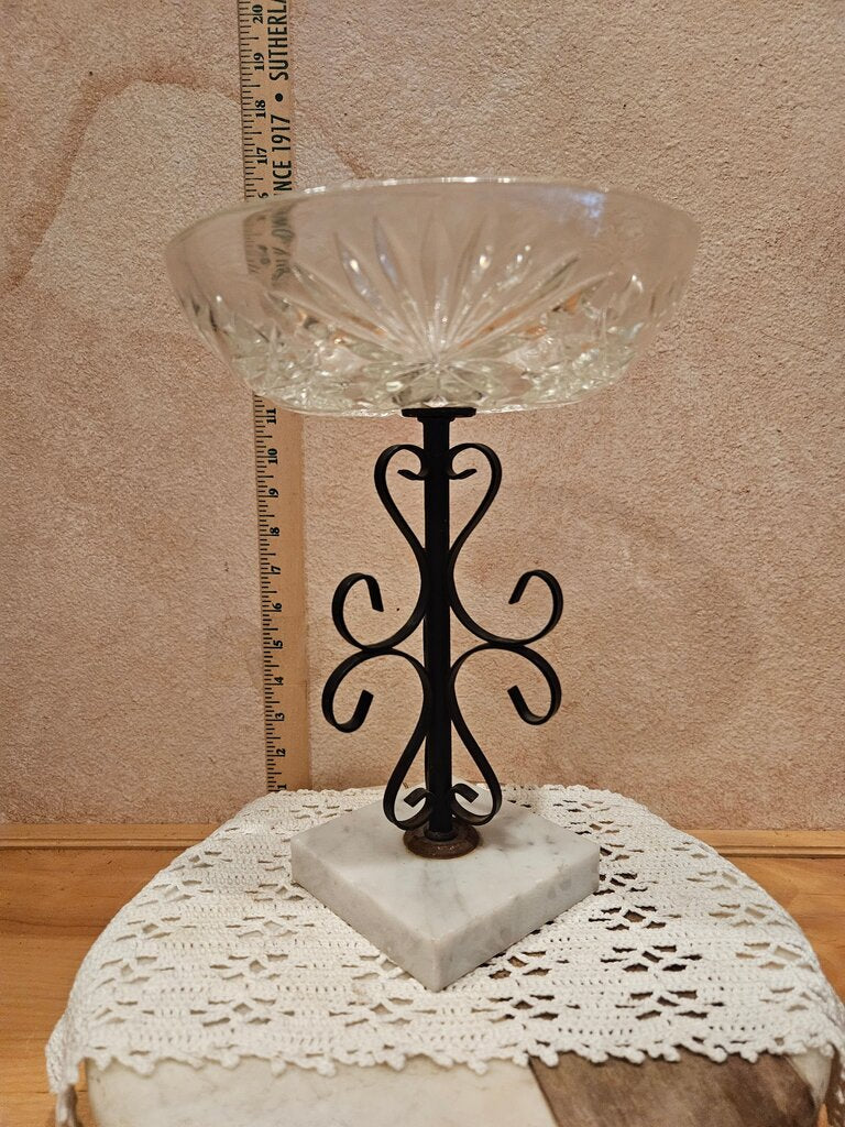 Vintage Hollywood Regency Crystal Pedestal Bowl w Metal Stand on marble base