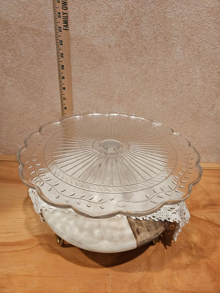 Vintage 9 Inch Pedestal Cake Stand for Weddings Tea Parties, Dessert Display embossed flower design & scalloped edges