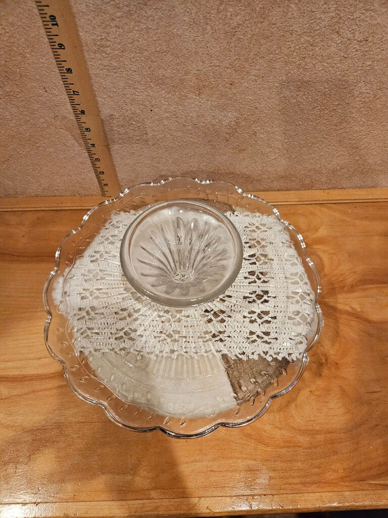 Vintage 9 Inch Pedestal Cake Stand for Weddings Tea Parties, Dessert Display embossed flower design & scalloped edges