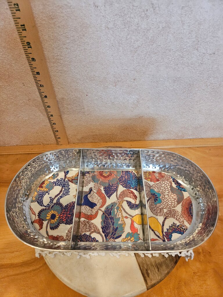 Threshold Hammered Metal 3-Section Server peacock floral design tableware barware made india