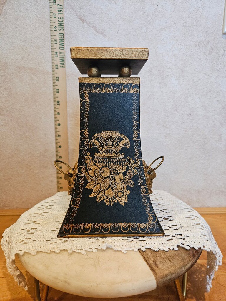 Vintage Toleware Tole Pedestal Statement Planter Vase Black Gold Florentine Style Riser Stand