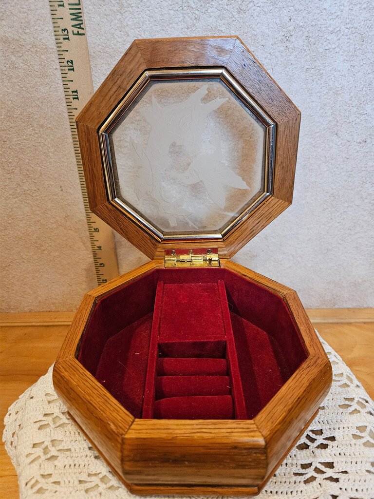 Vintage Octagonal Wooden Jewelry Box, MCM Floral Etched Glass Birds Design Beige Velvet Lining Ring Storage Compartment
