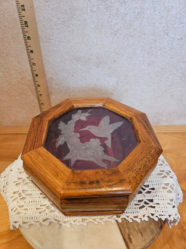 Vintage Octagonal Wooden Jewelry Box, MCM Floral Etched Glass Birds Design Beige Velvet Lining Ring Storage Compartment