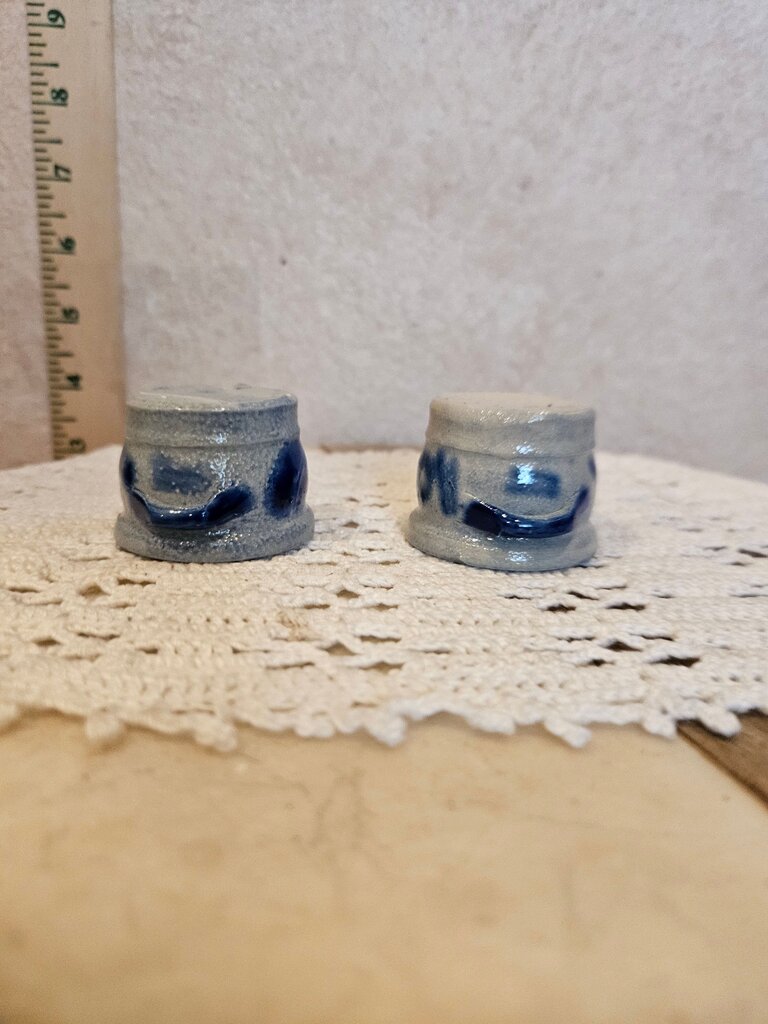 Vintage German Mini Pottery Salt Glazed Blue Sponge ware Vintage Salt & Pepper Crock Farmhouse dollhouse