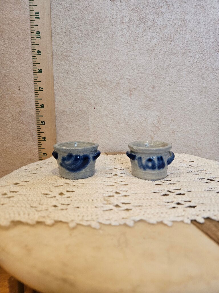Vintage German Mini Pottery Salt Glazed Blue Sponge ware Vintage Salt & Pepper Crock Farmhouse dollhouse