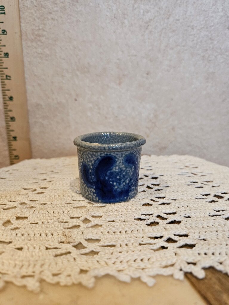 Vintage MCM German Pottery Salt Glazed Blue Sponge ware Vintage Crock Farmhouse dollhouse