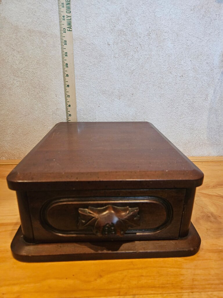 Vintage Wooden Tabletop Drawer Chest with carved pull handle dark rich wood
