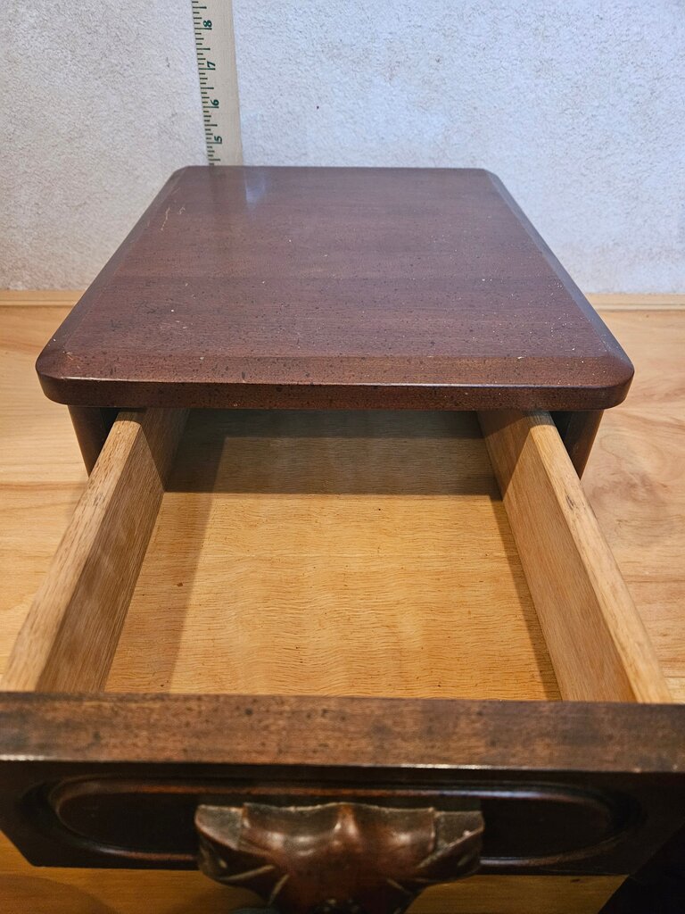Vintage Wooden Tabletop Drawer Chest with carved pull handle dark rich wood