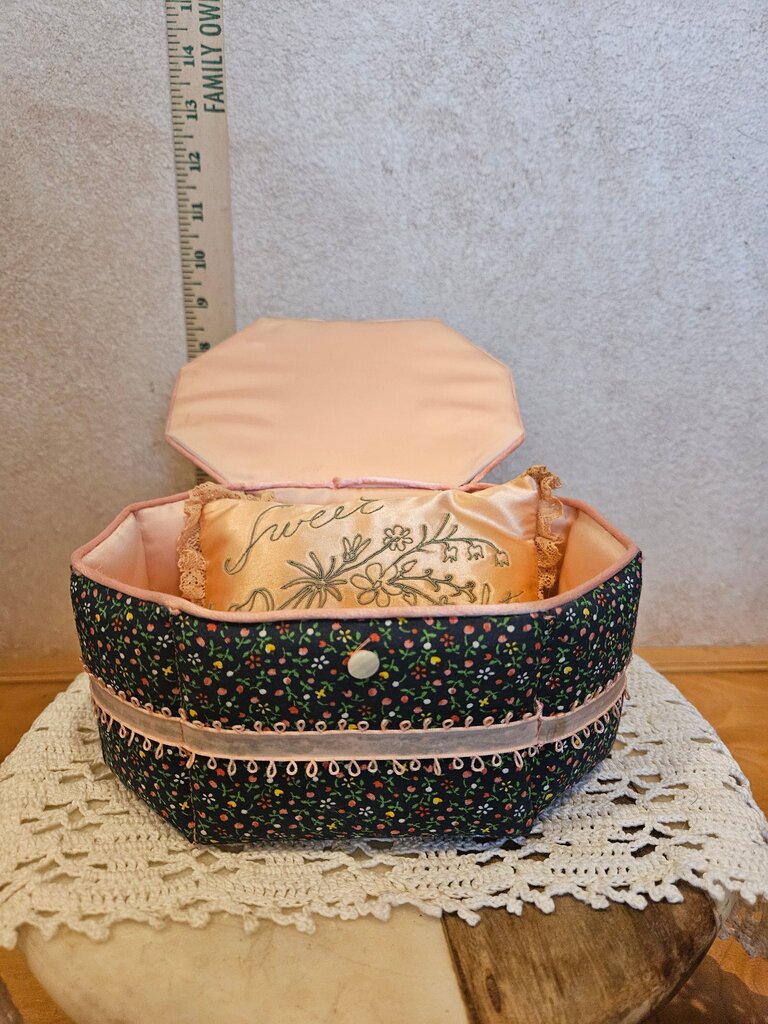 Vintage Floral Fabric Sewing Box with pin pillow