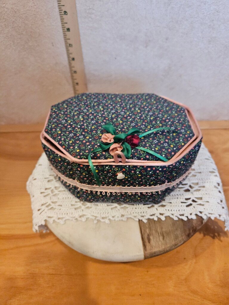 Vintage Floral Fabric Sewing Box with pin pillow