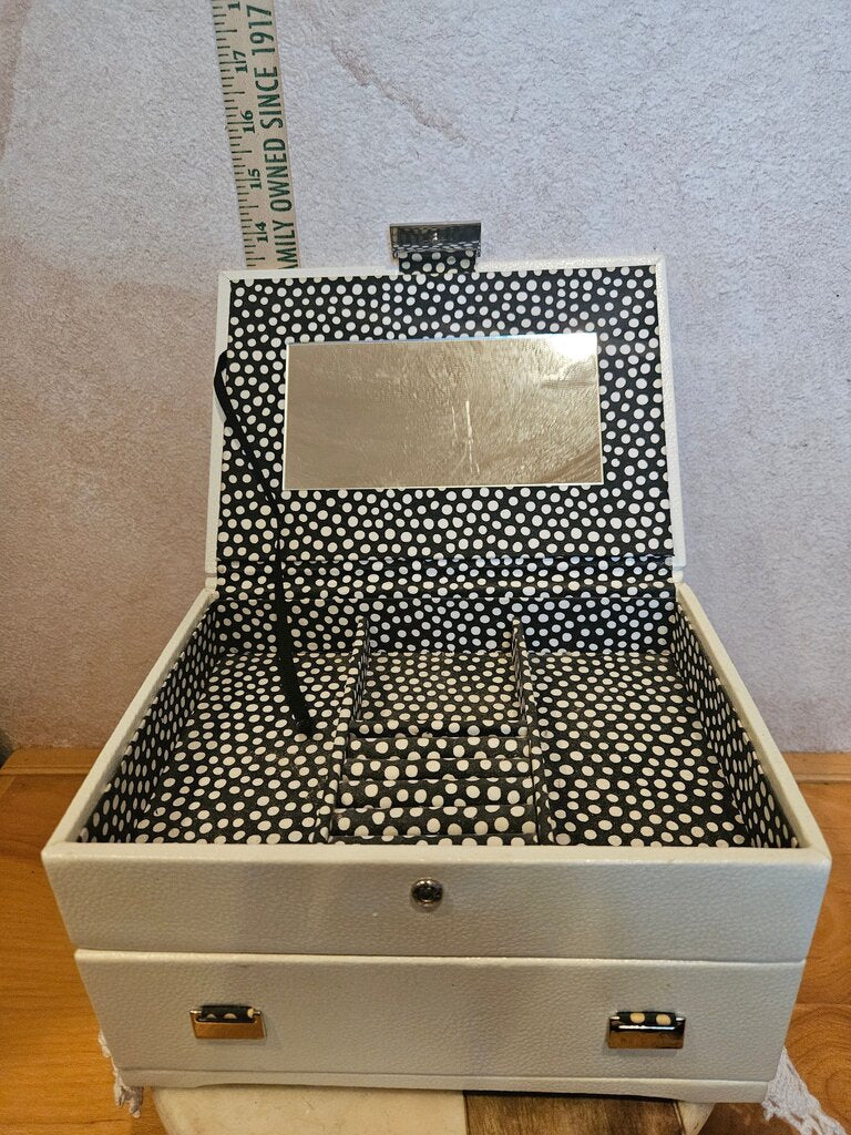 Vintage 1980s 2 Tier Classic White Jewelry Box w Polka Dot Interior vanity top display