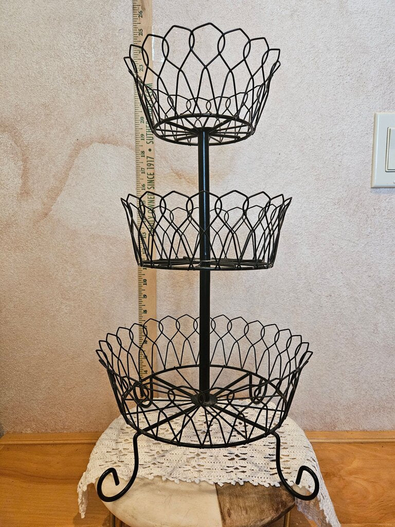 Three-Tiered Black Wire Basket Stand fruit bowl, table decor