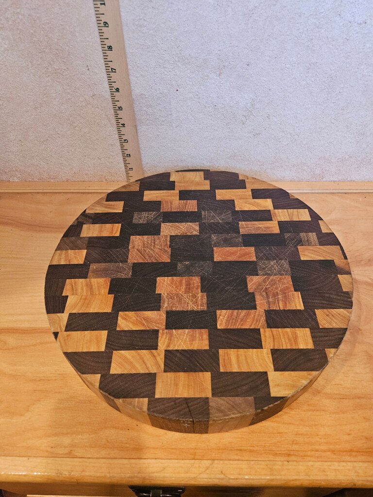 Vintage Round handled Wooden Cutting Board w Checker Pattern Natural Multiwood Serving Tray