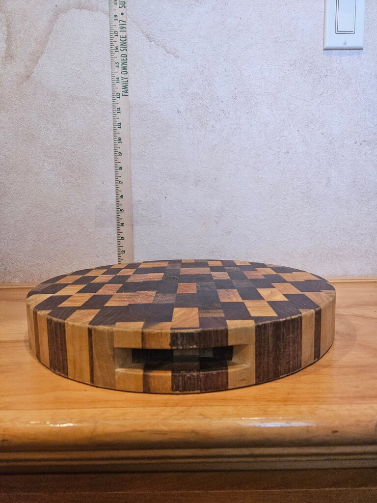 Vintage Round handled Wooden Cutting Board w Checker Pattern Natural Multiwood Serving Tray