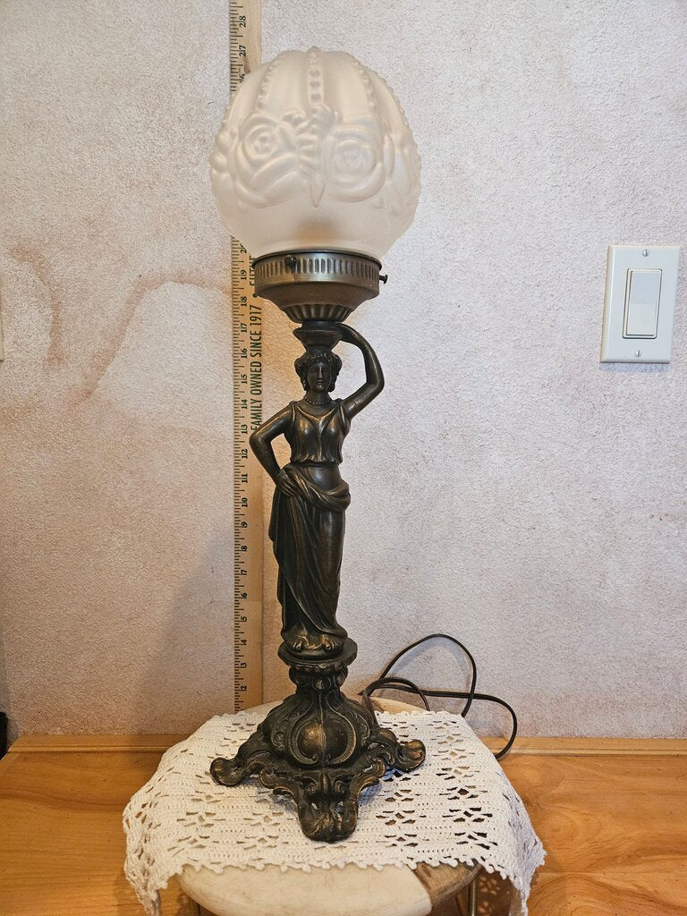 Antique Greek Goddess Cast Metal - Paul Sahlin Tiffany's Style Rose Pattern Globe Lamp Works!