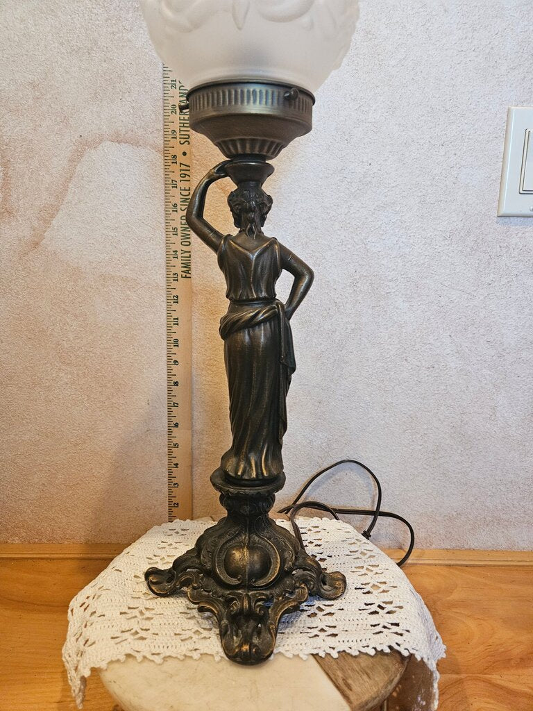 Antique Greek Goddess Cast Metal - Paul Sahlin Tiffany's Style Rose Pattern Globe Lamp Works!