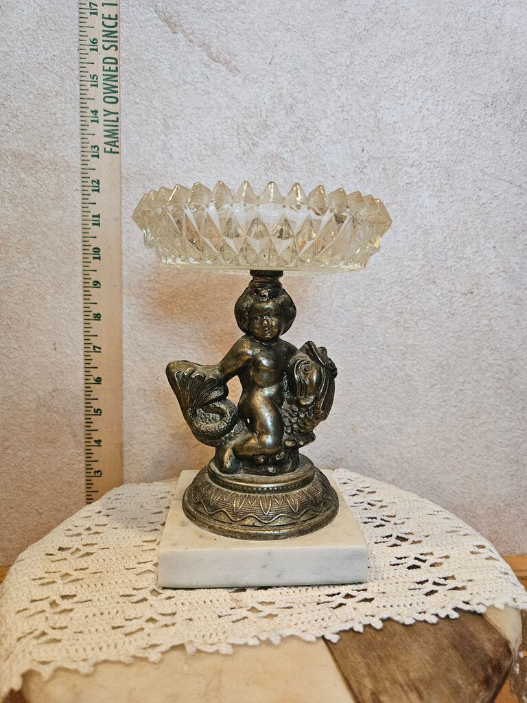 Hollywood Regency Pressed Glass Pedestal Compote Bowl w Gold Colored Cherubs riding dolphin fish
