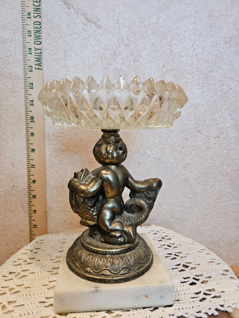 Hollywood Regency Pressed Glass Pedestal Compote Bowl w Gold Colored Cherubs riding dolphin fish