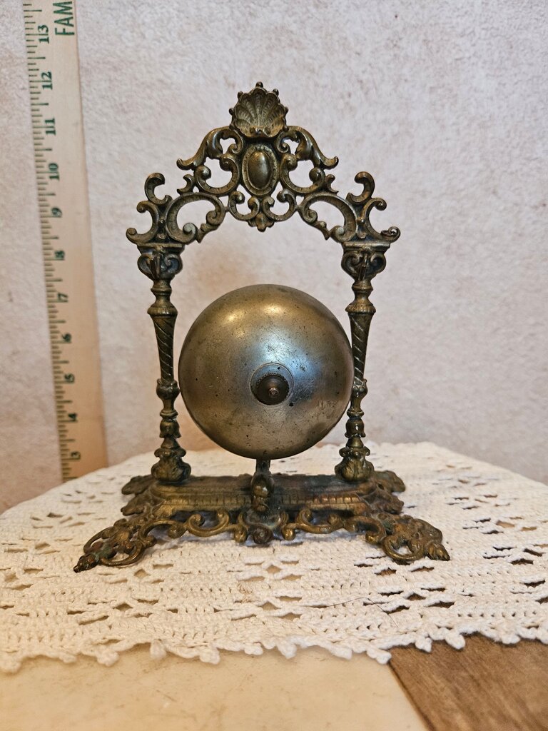 Antique Brass Call Bell Stand Victorian style Ornate Art Nouveau gong Very Hard to find