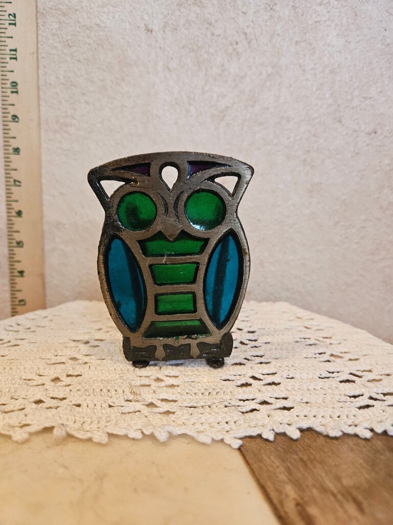 Vintage Stained Glass Owl Candleholder Napkin Holder Letter candle display Art Object Lights Votive art nuevo
