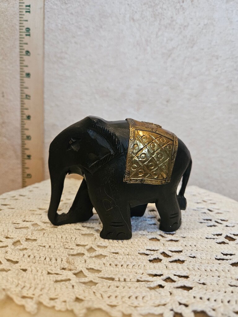 Vintage Handmade Wooden Black Elephant Figurine w Brass/Copper Accent