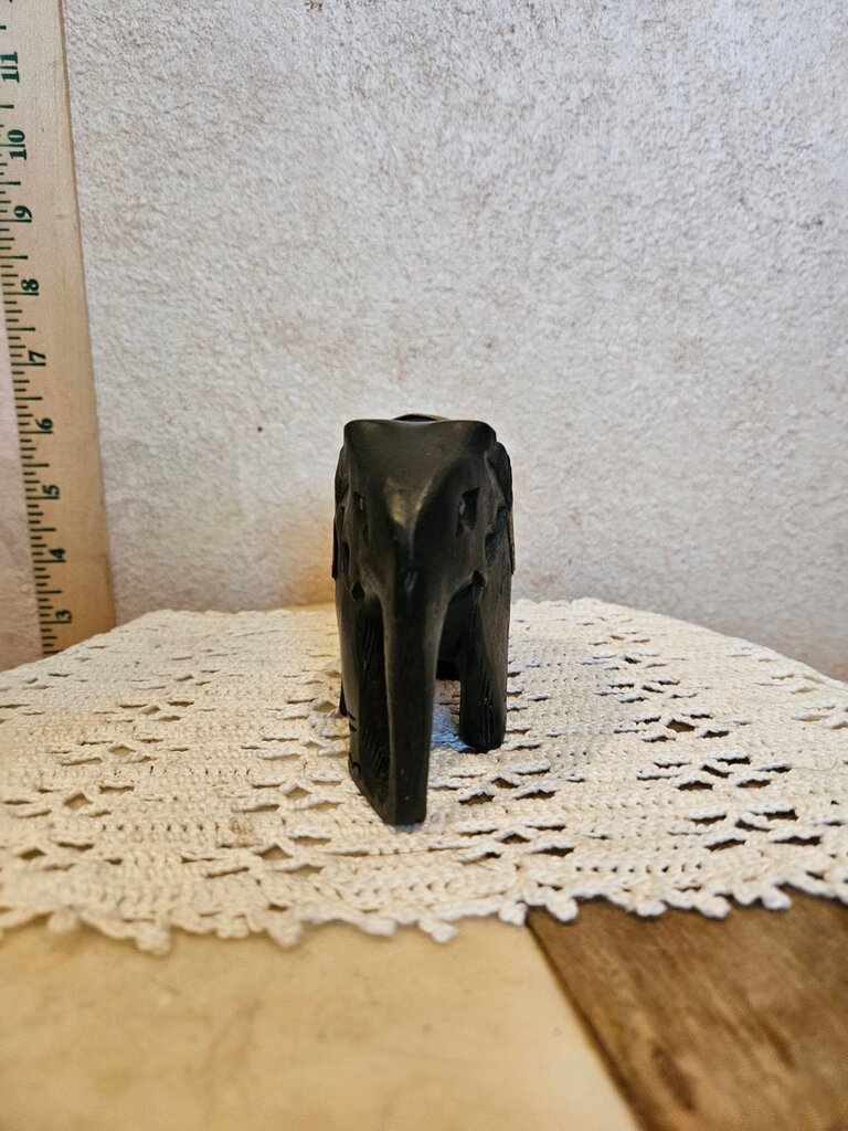 Vintage Handmade Wooden Black Elephant Figurine w Brass/Copper Accent