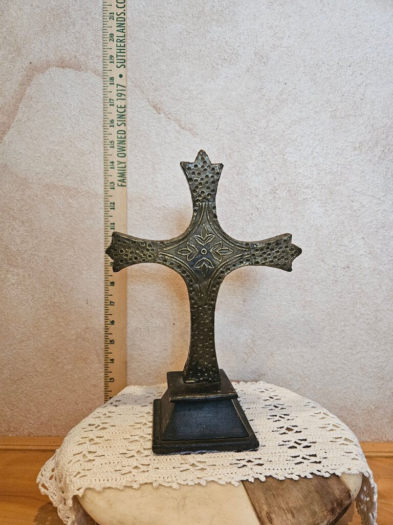 Decorative Metal on wood pedestal Footed Cross