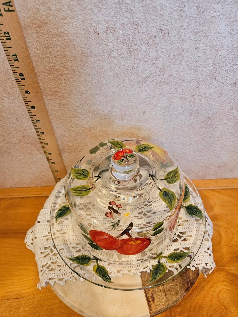 Hand Painted Glass Cheese Dome & serving Plate dessert display fruit cloche