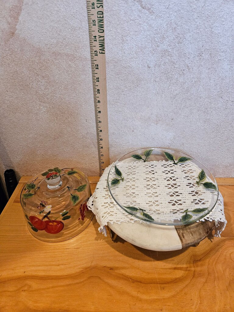 Hand Painted Glass Cheese Dome & serving Plate dessert display fruit cloche
