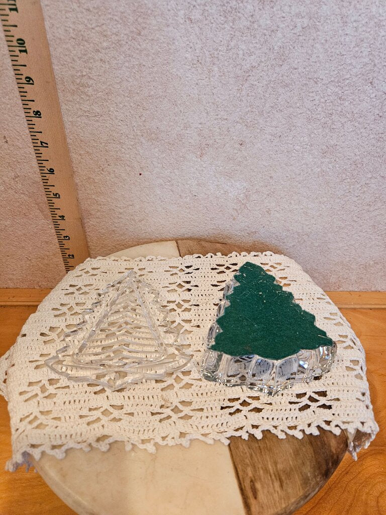 Vintage Lead Crystal Christmas Tree Trinket Jewelry Dish W Cover Felt Bottom