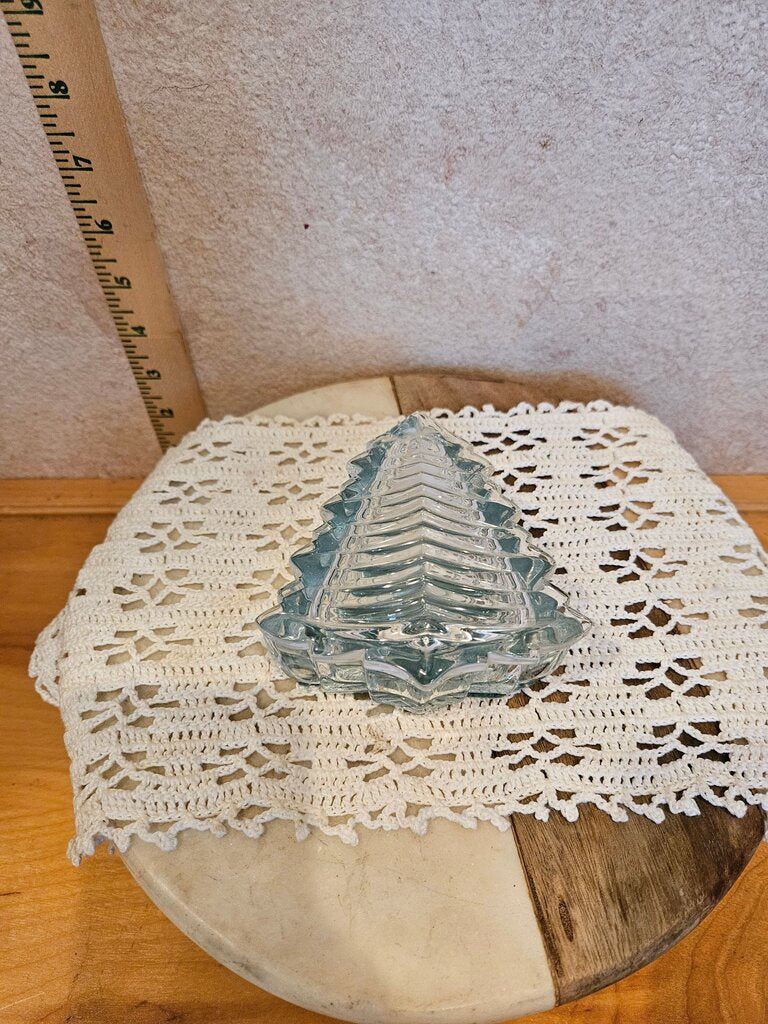Vintage Lead Crystal Christmas Tree Trinket Jewelry Dish W Cover Felt Bottom