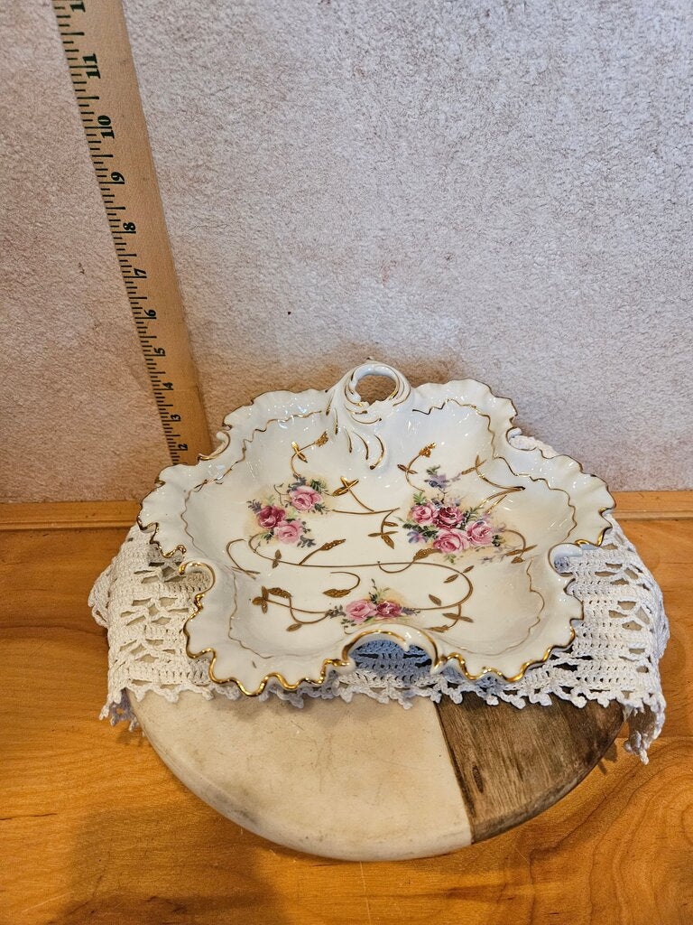 Vintage Arnart Trinket Dish Floral Roses Gold Trim Edges Porcelain