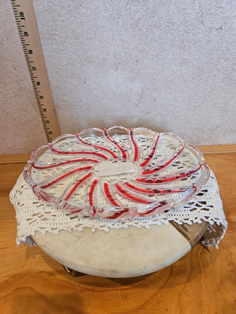 NOS! Studio Nova Holiday Swirl Sweet Dish Clear Glass Red Accent Made In Germany