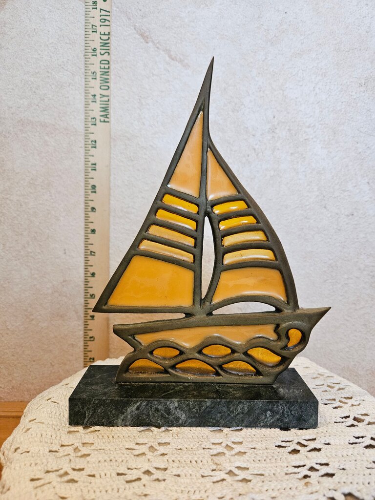 Sail Boat Sculpture on Granite Stand w Patinated Brass Frame & Stained Glass Inserts. Midcentury Home Decoration from 1960s-1970s.Decorative Sailboat Sculpture