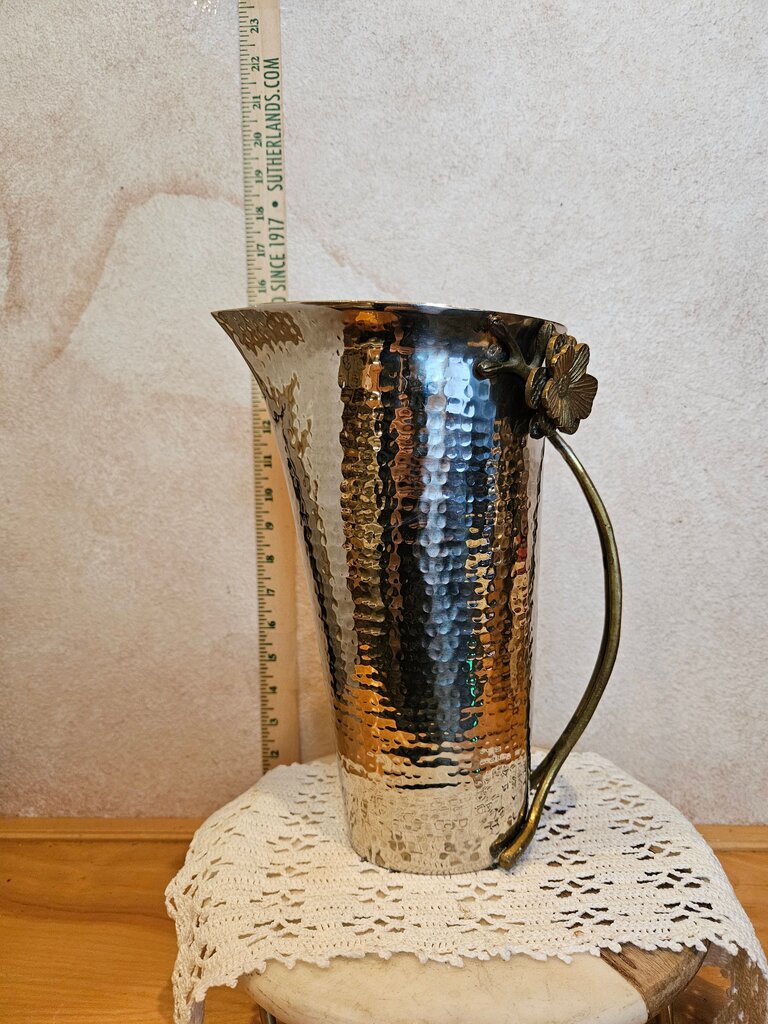 Stunning Rare Vintage Fine Polished Hammered Stainless Steel & Brass Floral Hanlde Two Tone Pitcher