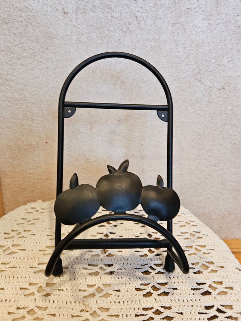 Vintage Primitive Black Farmhouse Metal Apple Motif Design Napkin Holder / cookbook stand / plate rackbook display /