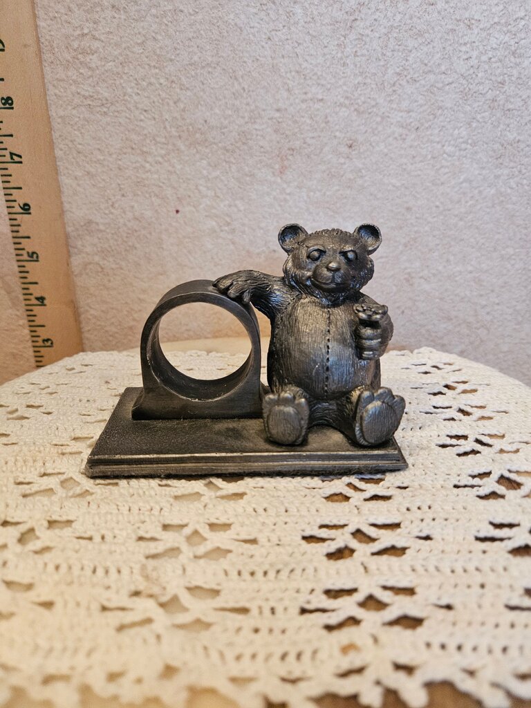 Vintage Ricker Pewter 1995 Teddy Bear Flower Quartz Desk Clock Holder as is napkin holder table display